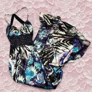 Cache Blue Purple Beaded Maxi Dress Gown Animal Print Size 4 Prom Cutout